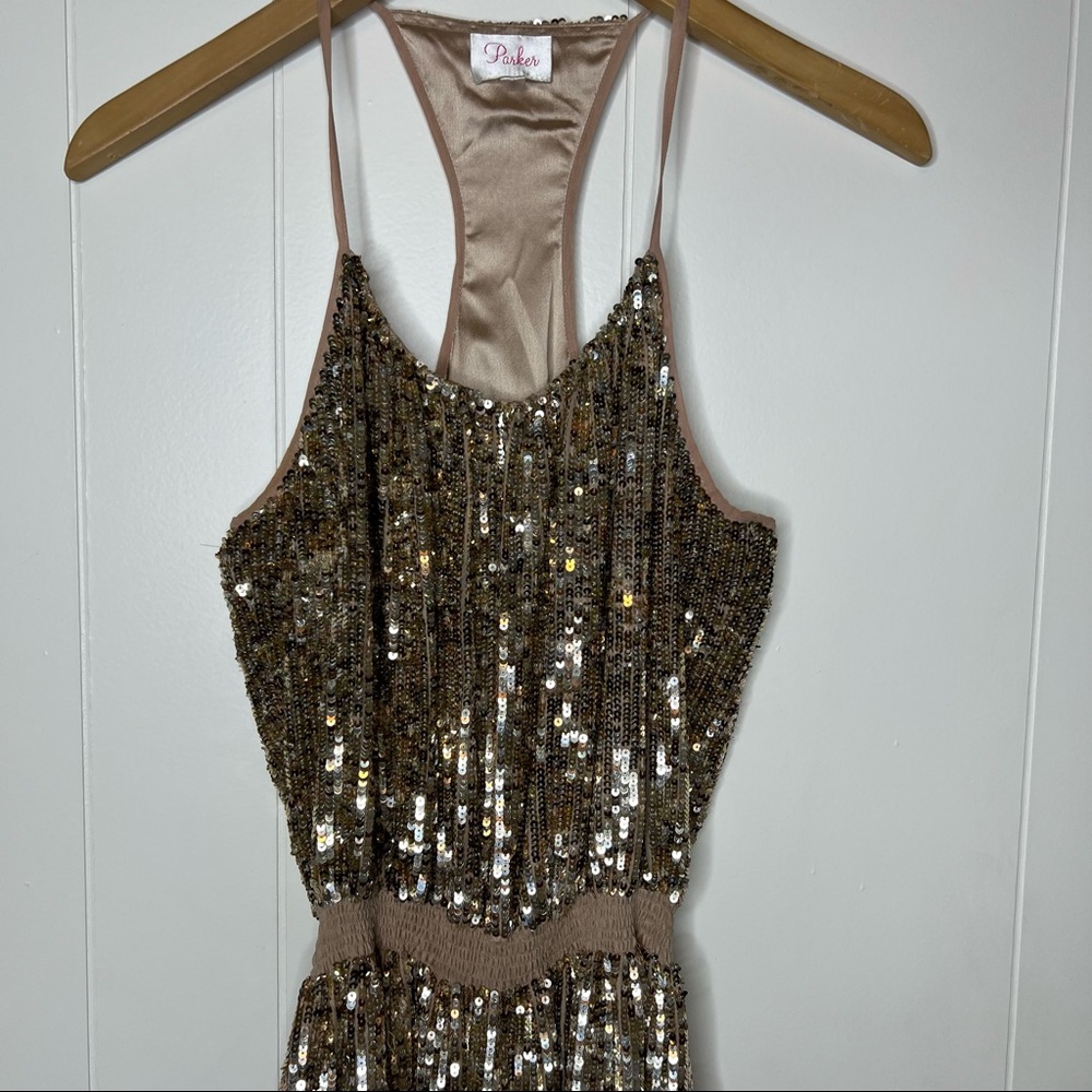 Parker Silk Gold Sequin Mini Dress Party Racerback Sz M - Picture 4 of 9